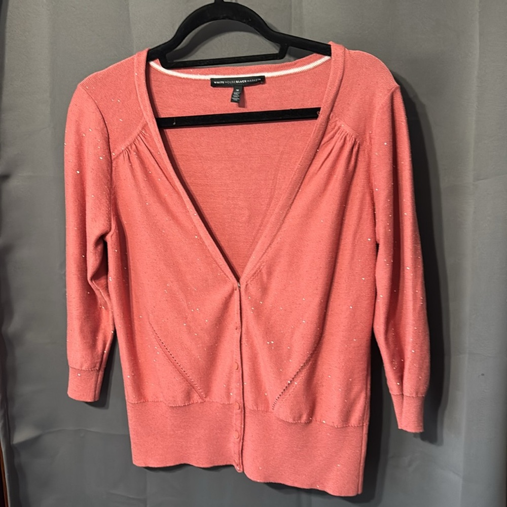 White House Black Market cardigan snap buttons with sparkles throughout.